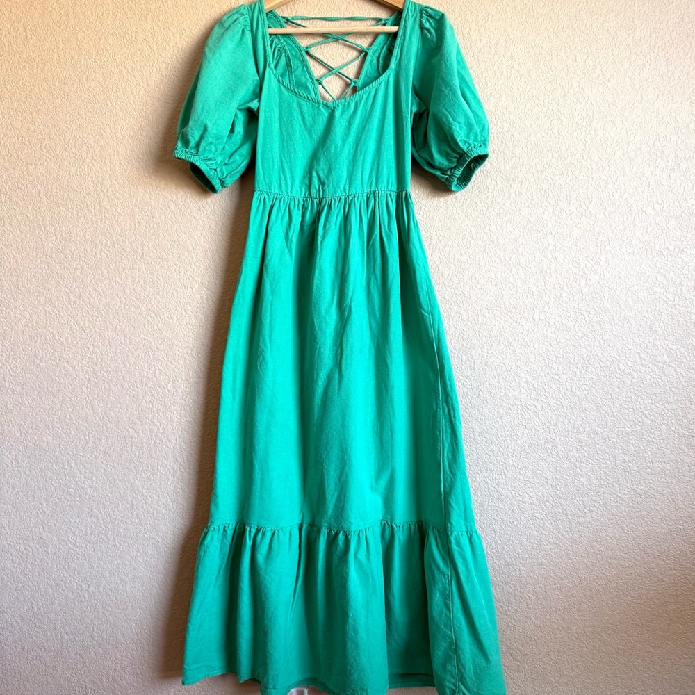 ASOS Kelly Green Cotton Linen Blend Long Maxi Dress Lace Up Puff Sleeves Sz 2